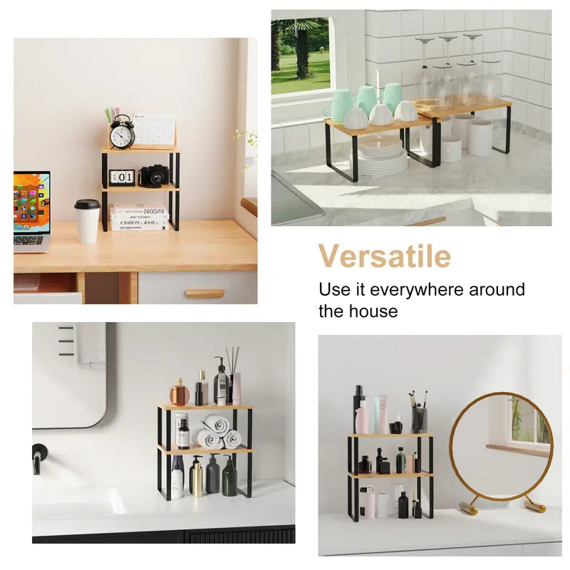 2pcs Cabinet Organizer Shelf, Set of 2 Kitchen Counter Shelves, Kitchen Storage, Spice Rack, Stackable, Expandable, Metal and Engineered Wood