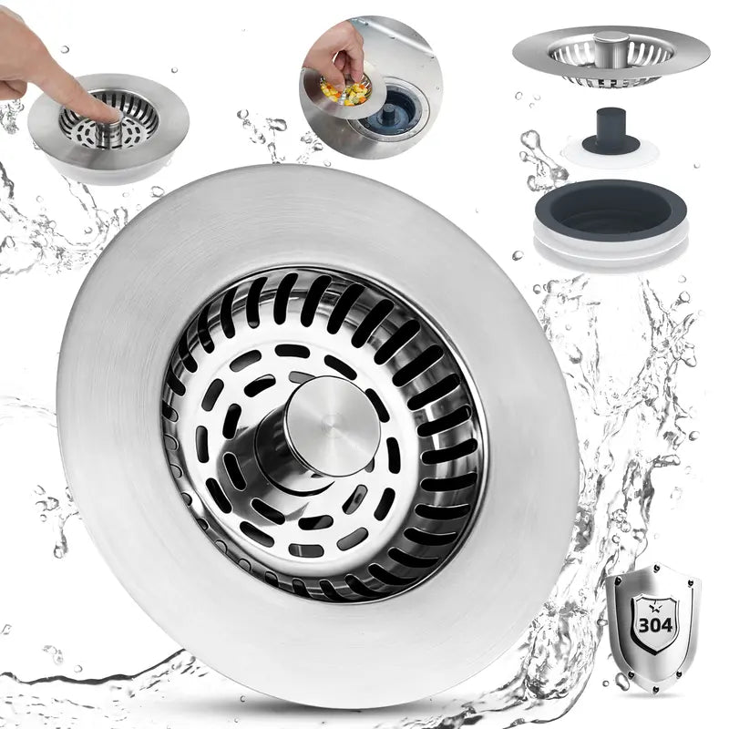 Hibbent Modern 3-in-1 Universal Stainless Steel Kitchen Sink Drainer Set - Ergonomic Sink Plug, Food Particle Filter, Advanced Odor Removal Drainer, ABS Smooth Handle for US Standard 3-1/2" Anti-Clog Clean