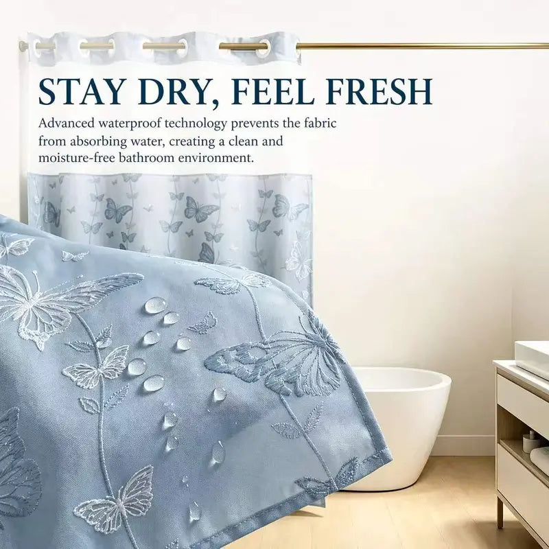 YRZTRK Hookless Blue Flocked Butterfly Double-Layer Shower Curtain with Mesh Top Window, Mesh Fabric, Easy Installation, Farmhouse & Modern Home Decoration, 72x75 in Bathroom Curtain