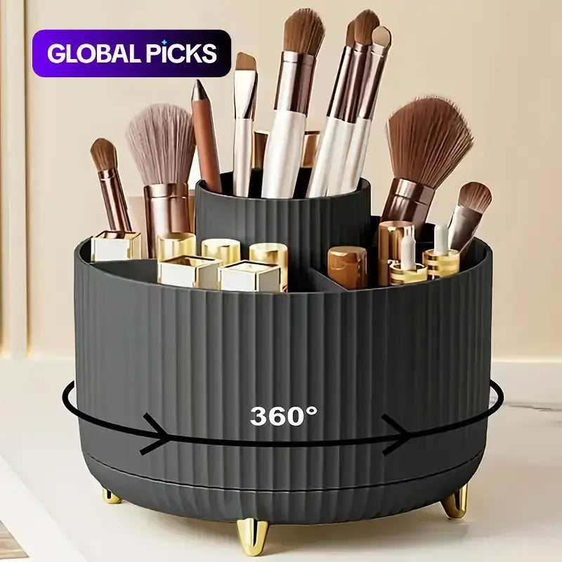 360-Degree Rotating Makeup Organizer Box, 5-Grid Plastic Cosmetic Storage Rack with Luxury Stripe Design, Cosmetic Organiser, Portable Brush Holder and Beauty Organizer, Makeup Tool Organizer #GLOBAL PICKS