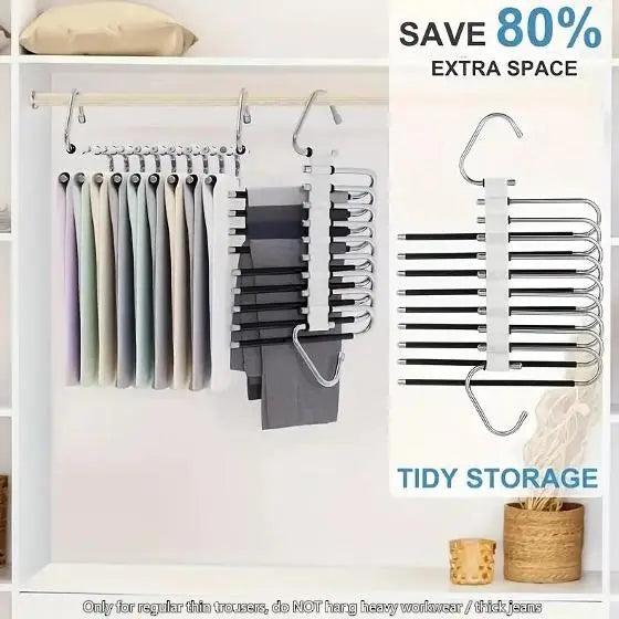 Stainless Steel 5/9-Tier Hanging Trouser Rack - Self-Assembly, Non-Slip, Rust-Resistant Compact Hanger with 5 Extra No-Clip Hooks, Holds Heavier Garments, Ideal for Home Closets, Retail Spaces, Gifting to Friends, Neighbors, Colleagues