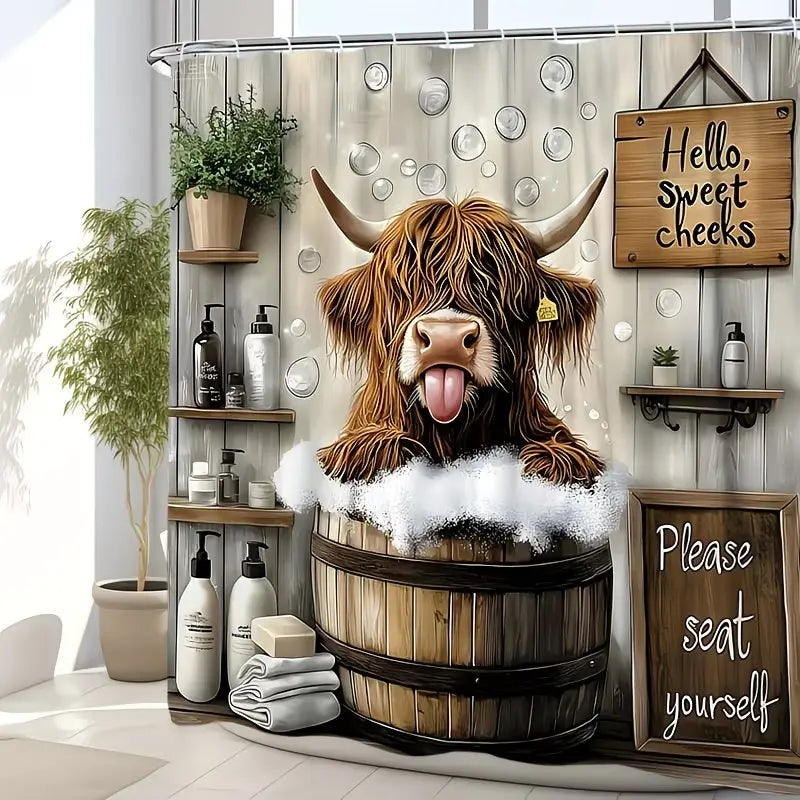Cute Humorous Farmhouse Shower Curtain, Funny Highland Cattle Bathing Design, Includes Hooks, Suitable for Bathroom Decor, Funny Shower Curtains for Bathroom