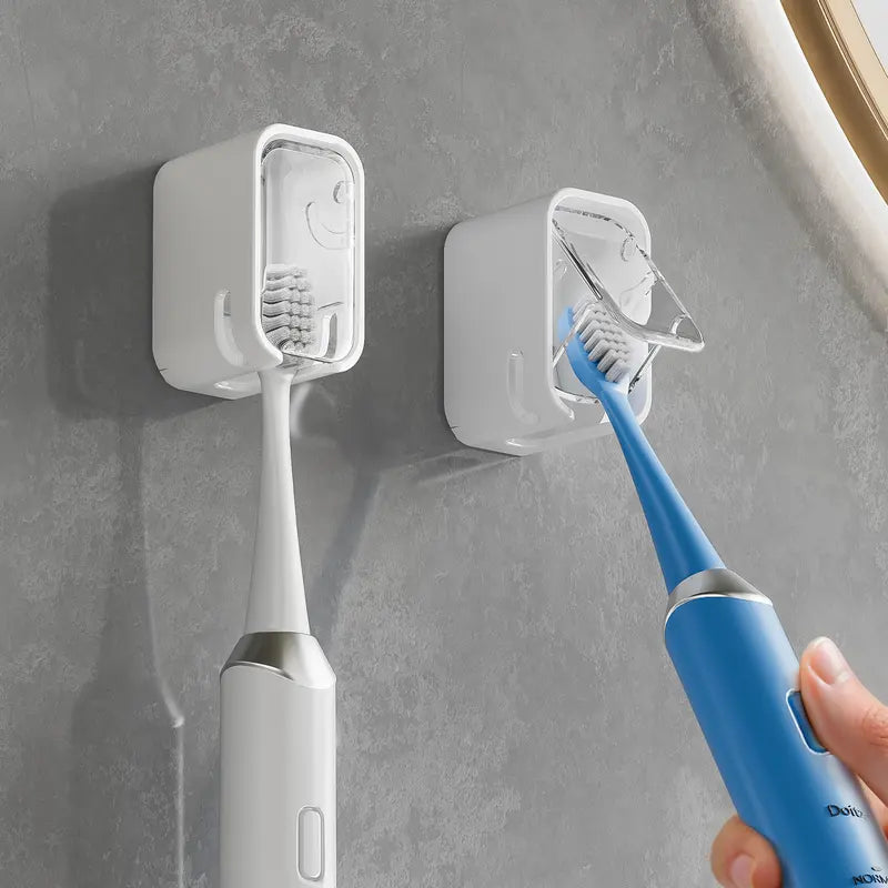GONGQIN 2PCS Wall-Mount Toothbrush Organizer Set, Portable Bathroom Accessories, Waterproof Covered Holder with Thick Walls, Vent Drain, Easy-Clean Detachable Design, Firm Adhesive Tape for Glass Surfaces (Travel/Home Use for Renters/Families)