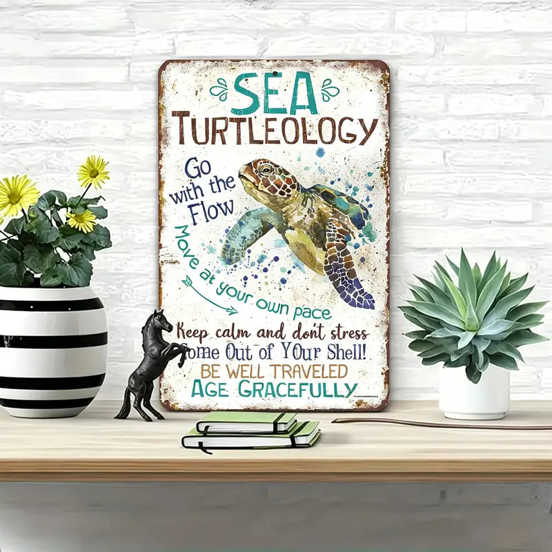 Vintage Tropical Metal Sea Turtle Plaque Sign - Retro Porch Sign, Vintage Plaque Decoration, Anti-Stress Inspirational Home Decor with "Keep Calm & Don’t Stress", "Go With The Flow", "Move At Your Own Pace" Quotes - Gift for Slow Living Lovers
