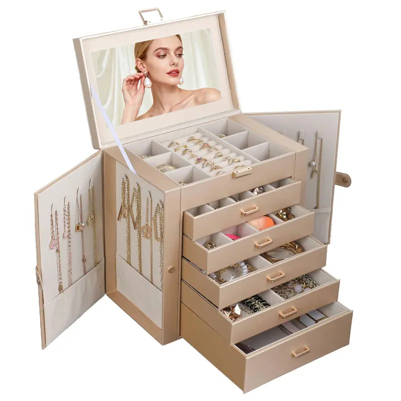 BOOVO Jewelry Box For women, 6 Layer Large Jewelry Organizer With Mirror, Multi-Function Storage Box With Lock, Necklace Holder With 5 Drawers, For Earrings Necklace Bracelet (Rose Gold and Gold)