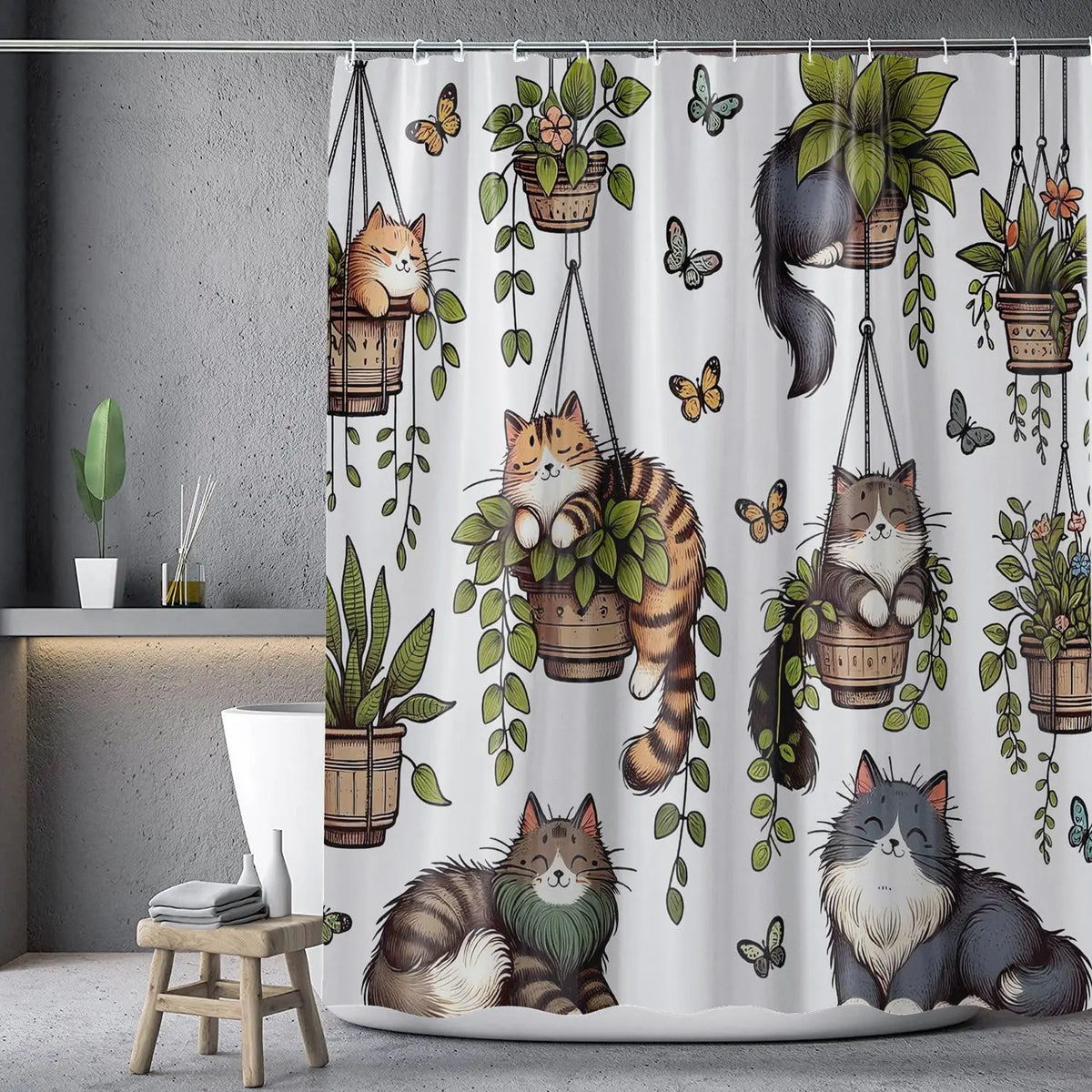 Cat & Plants Pattern Decorative Pretty Shower Curtain, Cute Cartoon Animal Pattern Bathroom Curtain with 12pcs Hooks, Ideal for Home Dormitory Hotel Bathroom Decor