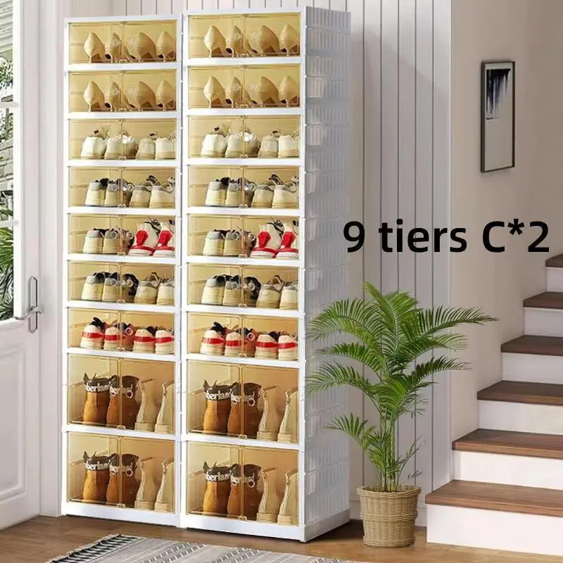 9-Tier Foldable Plastic Shoe Rack Organizer - Multilayer Display, Closet Organizer, Dust-Free Access, 18-Pair Capacity, Collapsible Stackable Magnetic Design, Fast 3-5 Min Setup, Compact Storage for Tiny Spaces (For Families/Individuals)