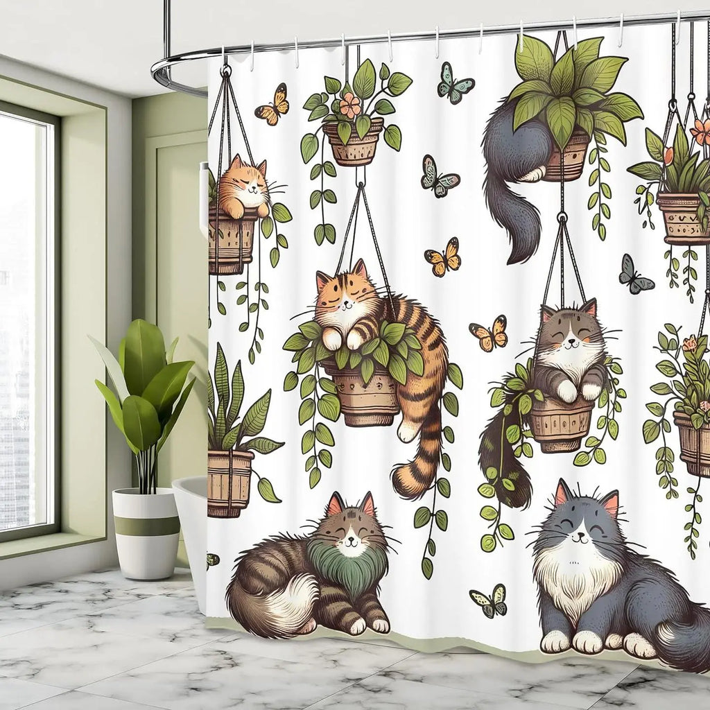 Cat & Plants Pattern Decorative Pretty Shower Curtain, Cute Cartoon Animal Pattern Bathroom Curtain with 12pcs Hooks, Ideal for Home Dormitory Hotel Bathroom Decor