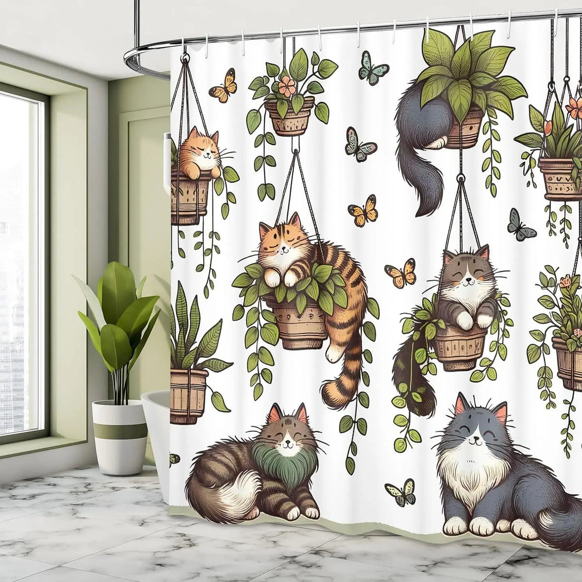Cat & Plants Pattern Decorative Pretty Shower Curtain, Cute Cartoon Animal Pattern Bathroom Curtain with 12pcs Hooks, Ideal for Home Dormitory Hotel Bathroom Decor