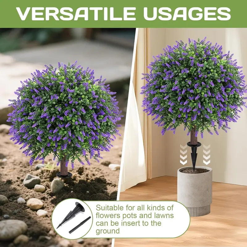 Artificial Boxwood Topiary Ball - 24in UV-Resistant Faux Shrub with Lavender Accent, High-Density PE Leaves, Wood-Effect Trunk, Ground Spike Base, Set of 2 for Porch, Entryway, Patio Decor