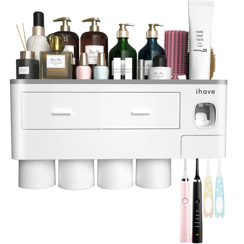 iHave 2-4 Cup Toothbrush Holders for Bathrooms - Wall Mounted with Toothpaste Dispenser - CosmeticDrawe, Large Capacity Tray & Bathroom Accessories Bottles Home Goods Organizer Organizing tiktokshopspringglowup summervibes,home essentials