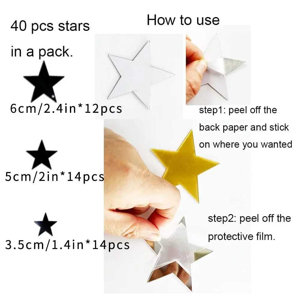 Acrylic Mirror Wall Decorative Stickers, 40pcs/set Star Shaped Wall Tiles Sticker, 3 Different Sizes Star Sticker, Self Adhesive Wall Decals, Summer Gifts, Decoration, Door Decorations
