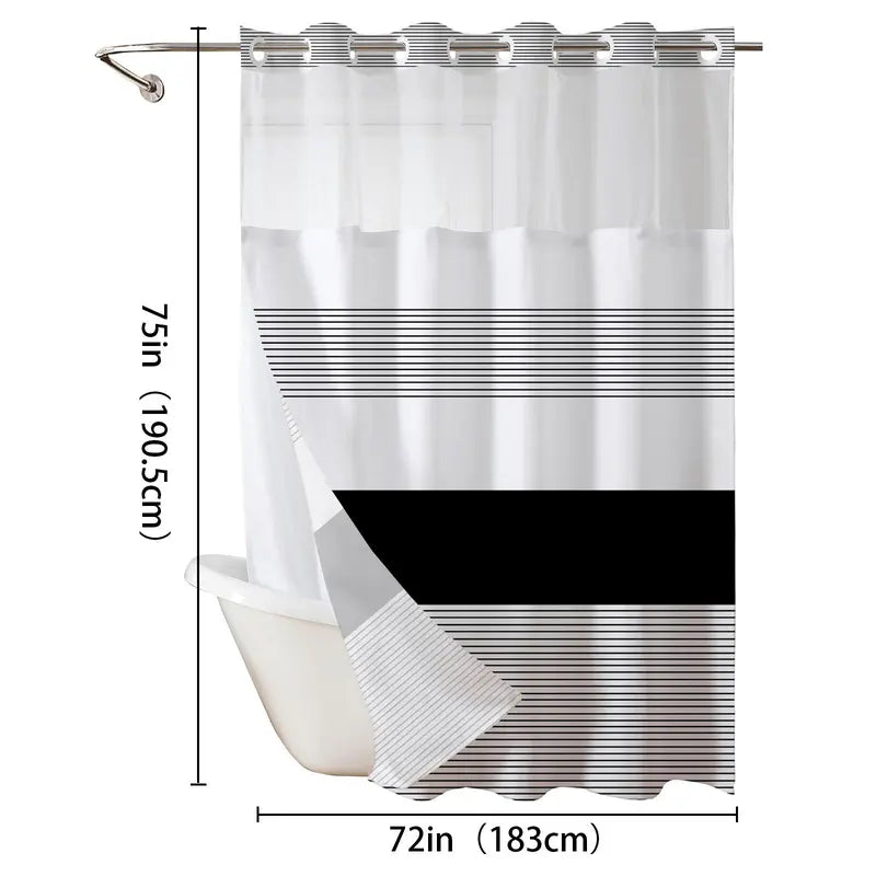 Striped geometric double-layer shower curtain, mesh top window, hook-free design, easy installation, farmhouse, hotel, modern home decoration, 72x75in