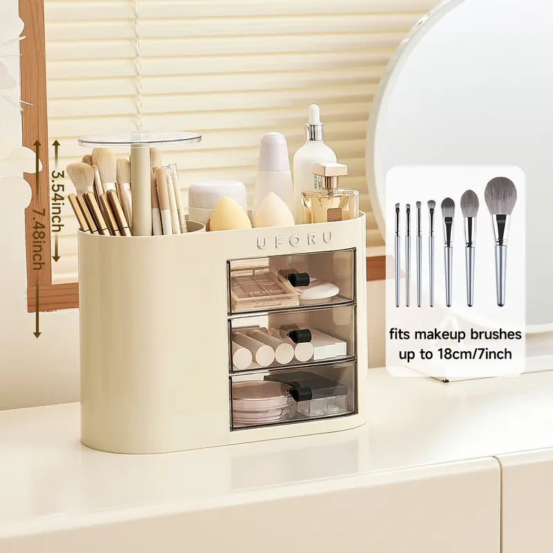 UFORU Classic Oval Desktop Storage Box - 4-Slot Brush Holder, 1-Touch Open Airtight Drawer, Dainty Divided Easy Access Cosmetic Organisers for Lipstick, Skincare, Jewelry (Dorm Storage Organization)
