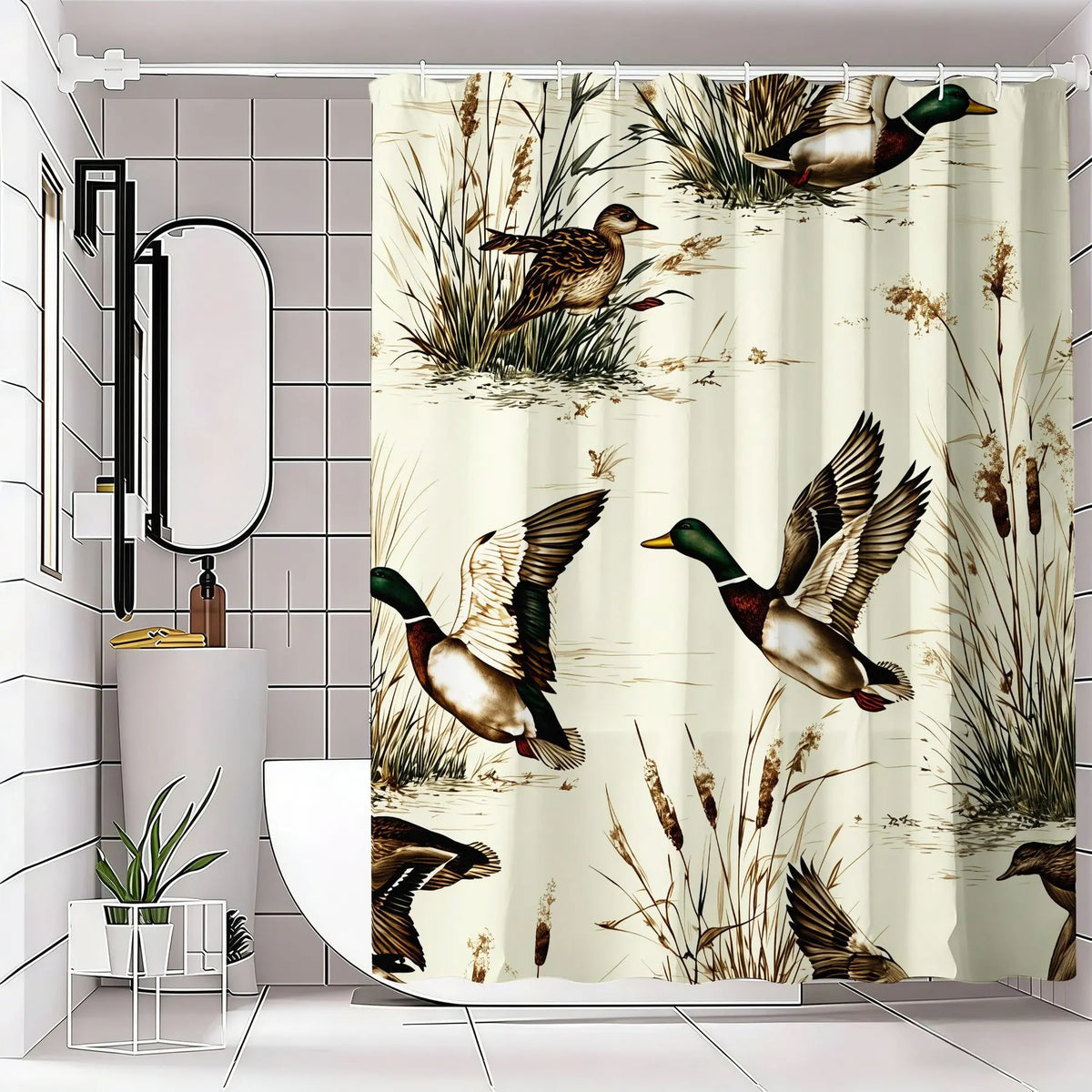 Vintage Mallard Ducks Shower Curtain, Rustic Cream Decorative Bathroom Accessory, Wildlife Print Outdoor Theme, Ideal for Spring Refreshment, Bath Shower Curtain