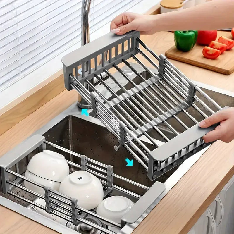 Adjustable Stainless Steel Dish Rack,Expandable Over Sink Rack for Fruits & Vegetables, Kitchen Supplies Stainless Steel Dish Drying Rack, Space Saving ,Kitchen Sink Organizer