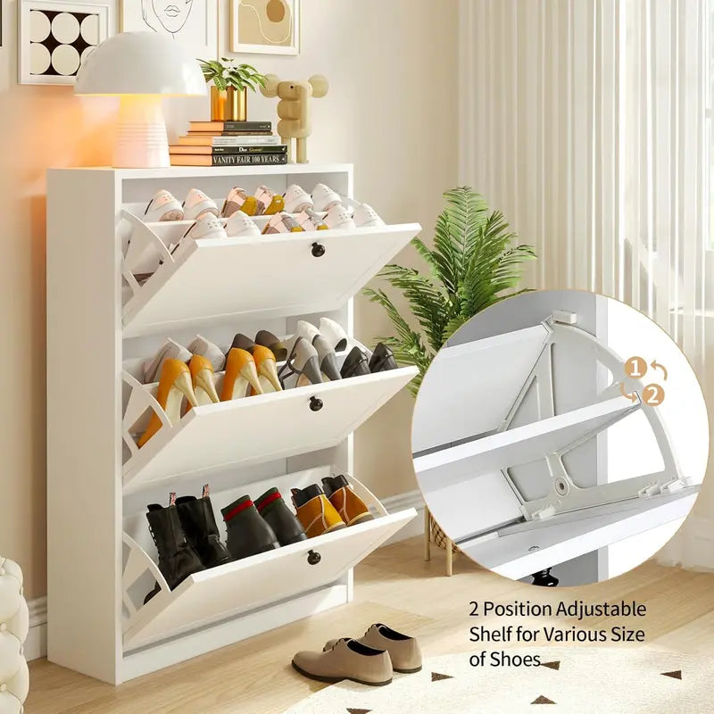 VOWNER Slim Vertical 3+1 Shoe Storage MDF Wood Rectangle Organizer - Freestanding Single Unit, 3 Flip-Top Drawers, Adjustable Shelf, Anti-Tipping Device, Easy Assembly, Child-Safe Mini Hallway Indoor Furniture (31.5"w x 9.4"d x 45.9"h)