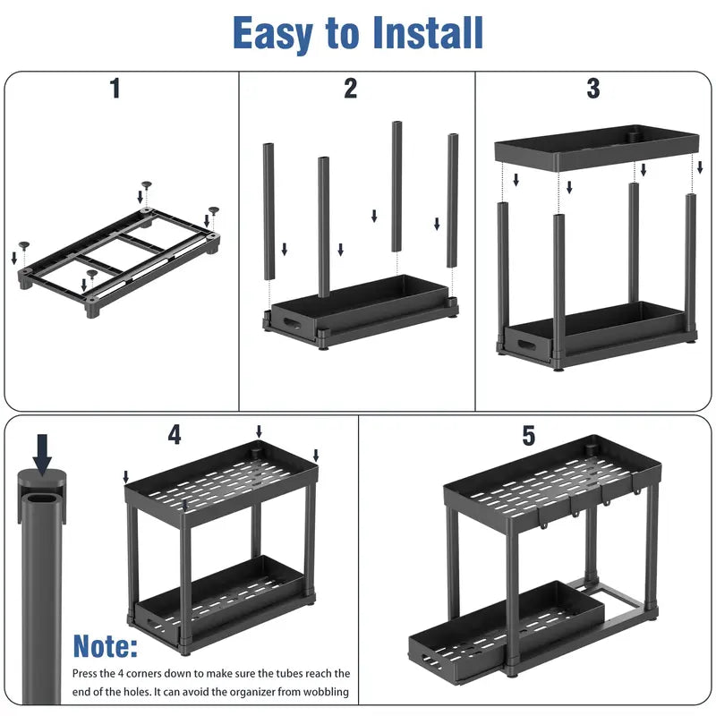 2-Pack Black Under Sink Sturdy Open Shelf Organizer (15x8x12.8in), Plastic Multi-Purpose Anti-Slip Sliding Baskets with 8 Hooks, Metal-Frame Kitchen Accessories for Cabinets, Drawer Storage Organizer, Racks for Furniture Storage & Small Items Organization