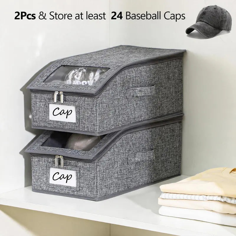 TAYTUU Linen 1-Pack Stackable Trapezoid Hat Organizer Bin with Drawstring, Cardboard-Supported Space-Saving Window Boxes for Closet, Transparent Holds 12 Caps, Men’s & Women’s Christmas/Mother’s Day Gifts