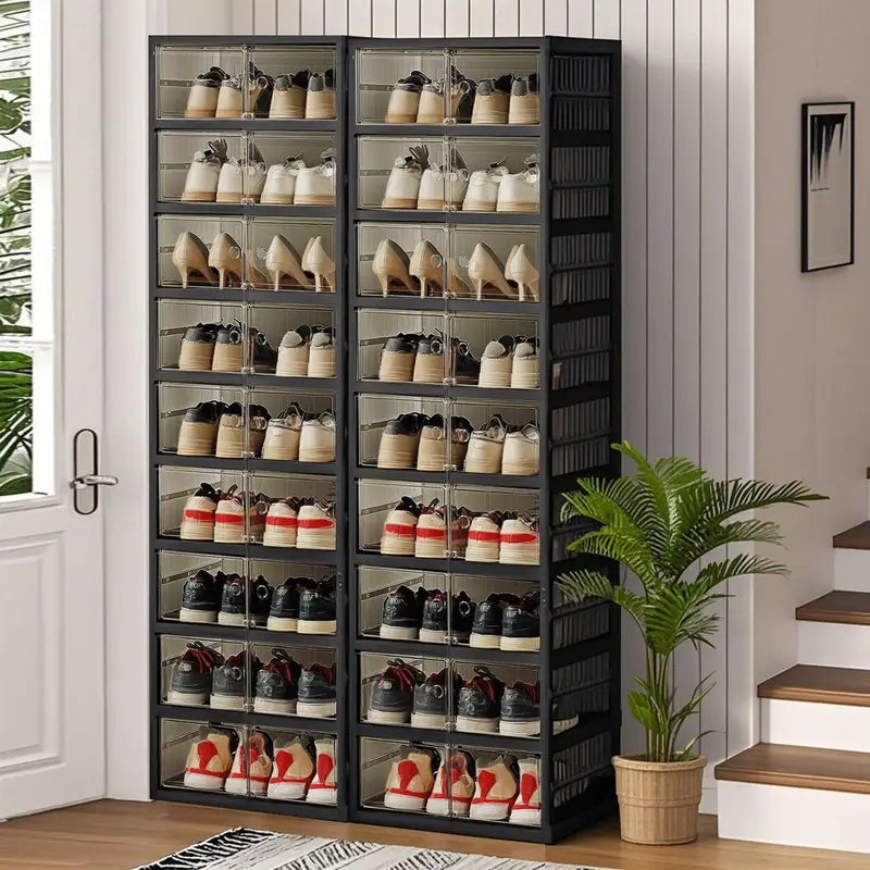 9-Tier Foldable Plastic Shoe Rack Organizer - Multilayer Display, Closet Organizer, Dust-Free Access, 18-Pair Capacity, Collapsible Stackable Magnetic Design, Fast 3-5 Min Setup, Compact Storage for Tiny Spaces (For Families/Individuals)