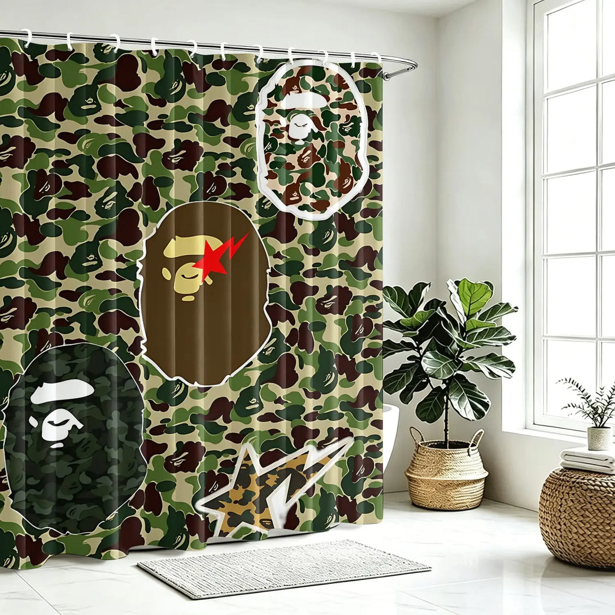 Camo Ape Head Pattern Removable Shower Curtain, Digital Print Waterproof Shower Curtain, Easy Install Hooks Included, Streetwear Themed Bathroom Decor, Machine Washable