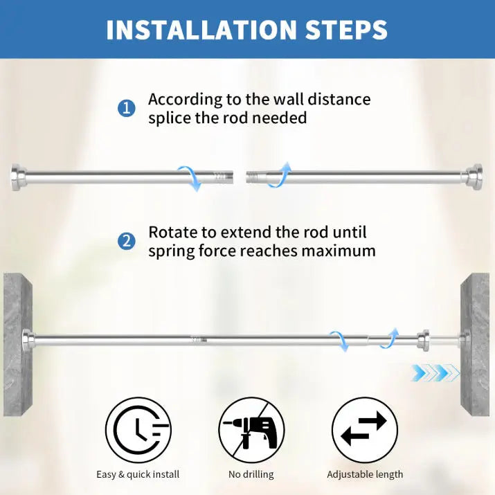 Shower Curtain Rod with 2 Hooks, Adjustable 31-80 inch Spring Tension Stainless Steel Telescoping Rod No Drill for Bathroom