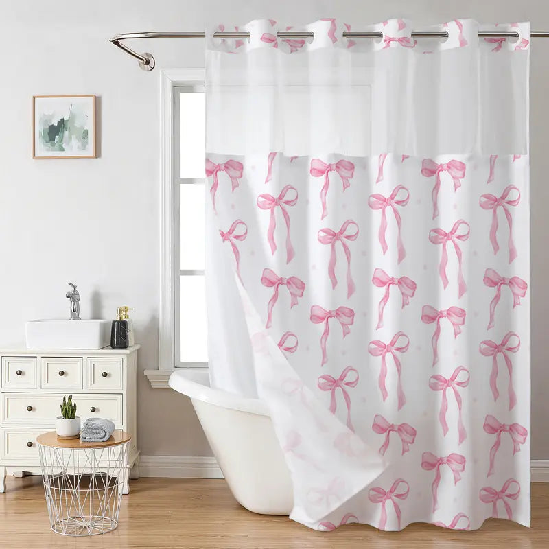 Polka Dot Bow Shower Curtain, Top Mesh Design Bathroom Curtain, Double Layers Without Hooks, Sweet Home Decoration, 72*75in