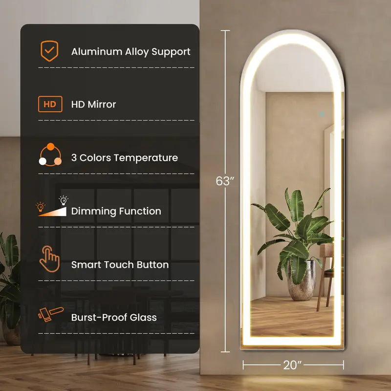 Floor Mirror Stand Mirror Full Length with LED Lights, Floor Mirror Dimming & 3 Color Lighting, Led Dimmable Mirror