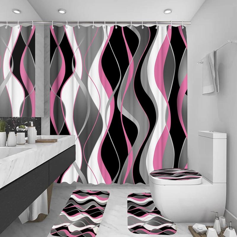 4 count Black Shower Curtain Sets with Non-Slip Rugs, Toilet Lid Cover and Bath Mat, Black and Gray Bathroom Decor Set Accessories Fabric  Shower Curtains with 12 Hooks, 72 x 72 Inch