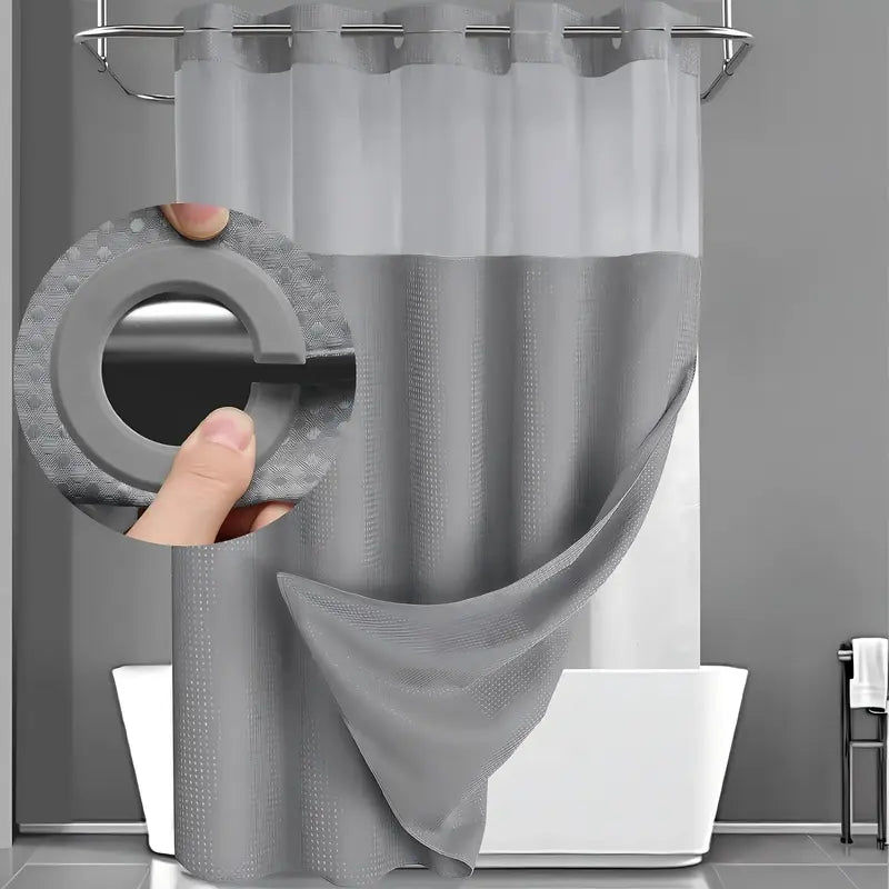 Hookless Shower Curtain – Available in 3 Colors and Multiple Sizes Includes a snap-on fabric liner set — hotel style with clear mesh top window, machine washable.