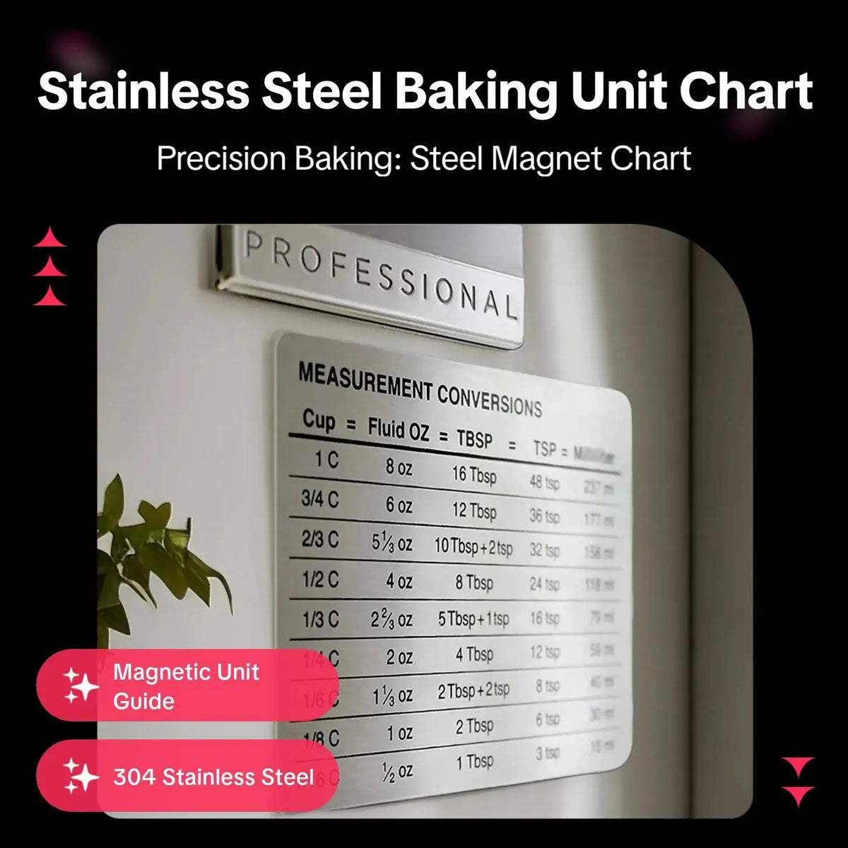 1-Piece Stainless Steel Refrigerator Magnet with Baking Unit Conversion Chart, Kitchen Baking Utensil and Home Decoration, Refrigerator Decorating Magnet, High-End Fridge Magnet, Decorative Fridge Magnets, Magnets for fridge