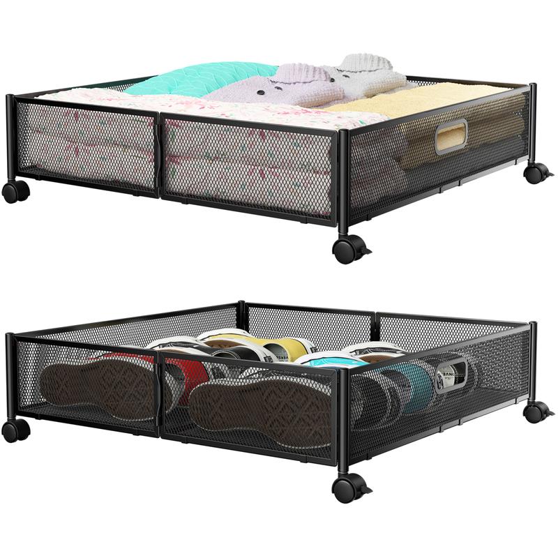 Flycity 2-Pack Under Bed Open Storage Bins with Rotating Wheels - Durable Foldable Space-Saving Closet Storage Box, Easy Access Organizer for Bedroom Clothes, Shoes (Black/White)