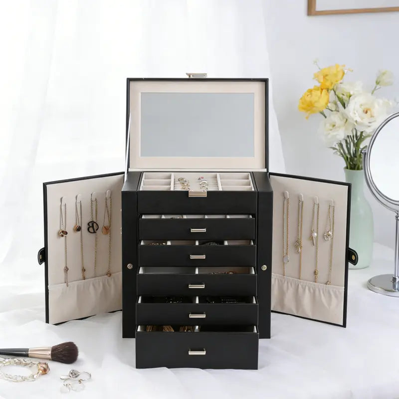 BOOVO Jewelry Box For women, 6 Layer Large Jewelry Organizer With Mirror, Multi-Function Storage Box With Lock, Necklace Holder With 5 Drawers, For Earrings Necklace Bracelet (Rose Gold and Gold)