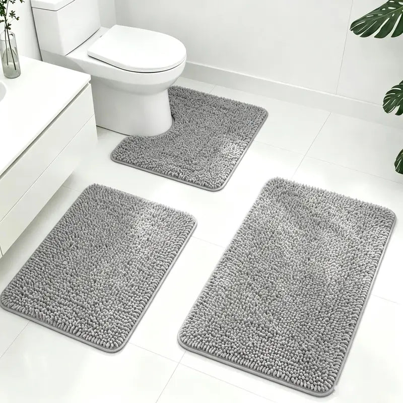Quick Drying & Water Absorbent Bathroom Rugs 3 Piece, Anti-Slip Rubber Back Bath Mats, U Contour Toilet Rug, Sturdy Floor Mats for Shower, Tub, Bathroom and Kitchen