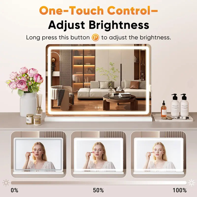 Sweetcrispy Rectangular Smart LED Dimmable Interior Lighted Vanity Mirror - Small Tabletop LED Cosmetic Mirror with Smart Touch Control, Adjustable Lighting, Multi-Size Options (19x22in, 22x32in)