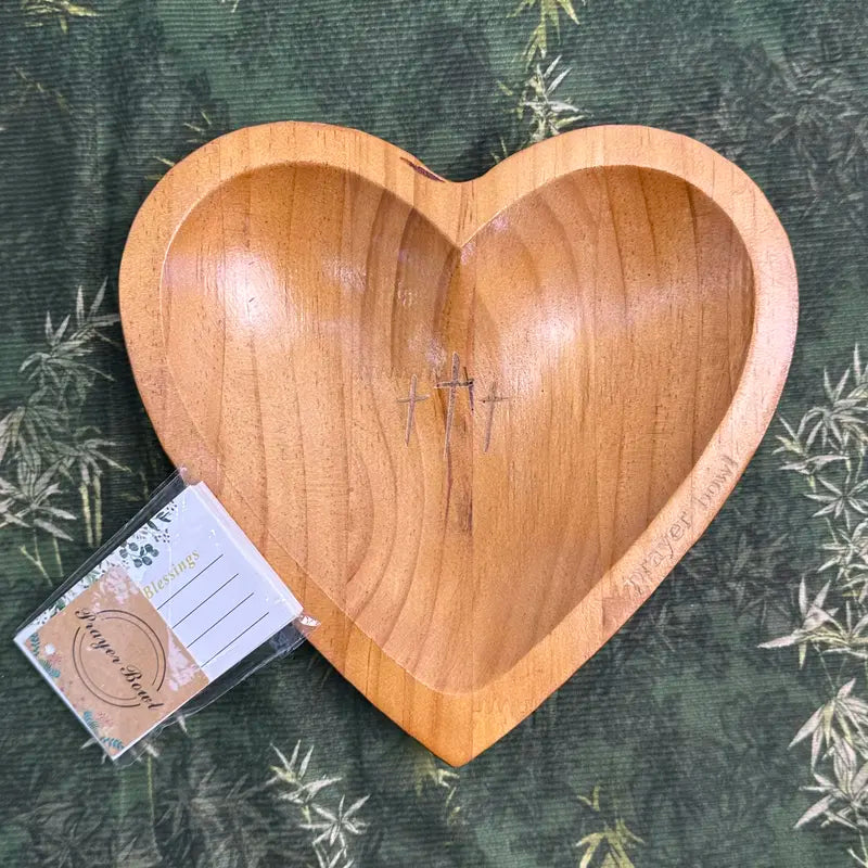 Wooden Heart Shaped Prayer Bowl with 24 Prayer Cards, Handcrafted Vintage Prayer Bowl with Cross & Letter Pattern, Religious Decorations for Home Living Room Bedroom Church, Christian Ornaments, Home Decor, Hand Engraved Easter Sunday Gifts Father's Day
