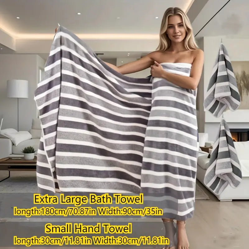 3 Pieces Oversized Bath Towels Set with Three-Color Stripe Design, Includes 1 Large Bath Towel and 2 Washcloths, Super Absorbent Soft Fluffy Fabric Towel Sets, Striped Towels