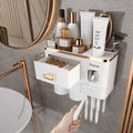 Ihave 2/4 Bathroom Toothbrush Holder, Toothbrush Holders Wall Mounted 2/3/4 Cup Toothbrush Rack with Toothpaste Dispenser, Large Capacity Tray, Cosmetic Drawer, Toothbrush Storage, Toothbrush Organizer, Bathroom Accessory, Home Goods
