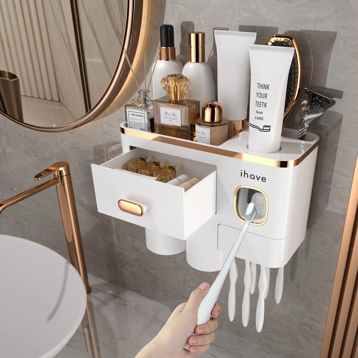Ihave 2/4 Bathroom Toothbrush Holder, Toothbrush Holders Wall Mounted 2/3/4 Cup Toothbrush Rack with Toothpaste Dispenser, Large Capacity Tray, Cosmetic Drawer, Toothbrush Storage, Toothbrush Organizer, Bathroom Accessory, Home Goods