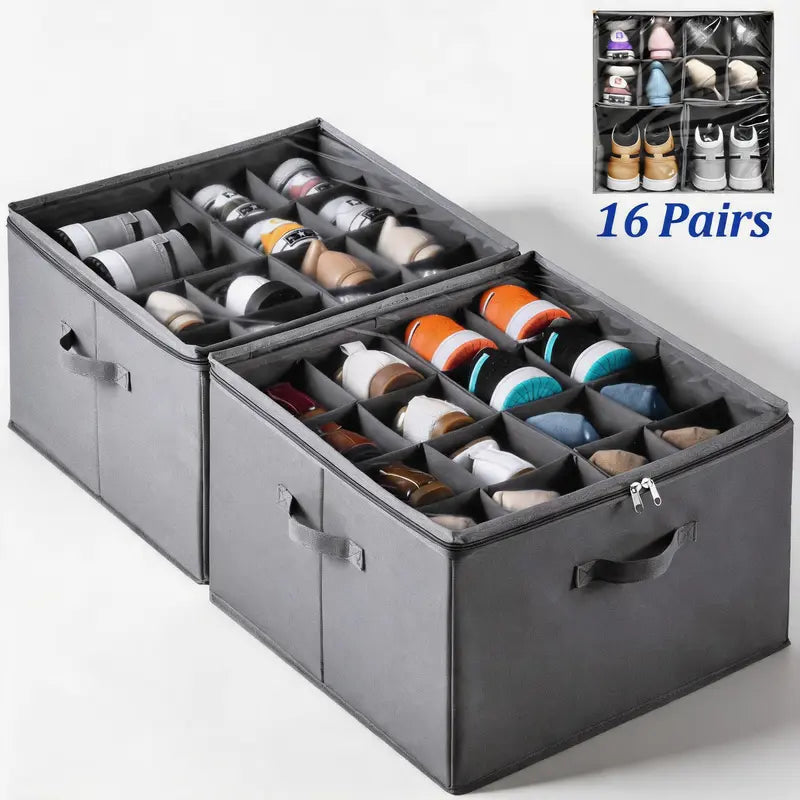 Durable Shoe Organizer Boxes, Dust Proof Fabric Shoe Storage Box with Adjustable Dividers, Compartments, Foldable Design, 8-16 Pairs Capacity, Bedroom Home Storage Organization Solution for Dorm Students