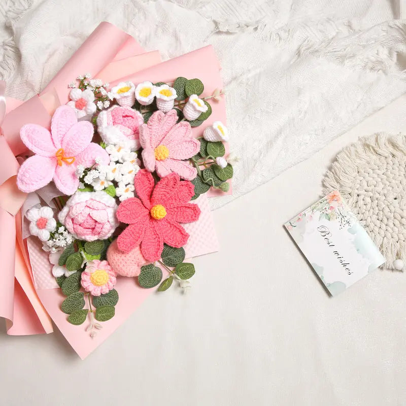 EZsenses Decorative Crochet Rose Artificial Flower Bouquet Set - Premium Yarn, Handmade Charm, Gift Bag, Greeting Card, Mom Birthday Gift, Home/Wedding Decor (Floral Decorative Flowers, Plants & Fruit)