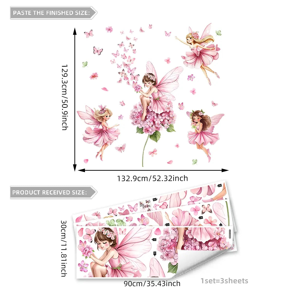 A set of 3 pieces (30*90cm*3pcs) pink butterfly fairy flower wall stickers for living room, bedroom, home background decoration, Cute Wall Decor, self-adhesive MS3301-YL Decorative wall sticker Wall Decal Butterfly Wall Decals