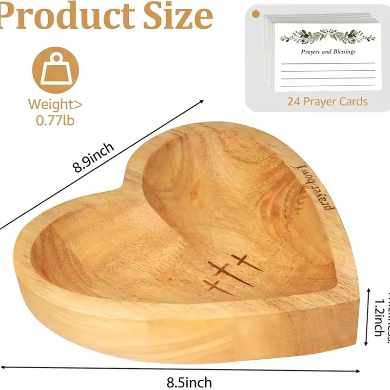Wooden Heart Shaped Prayer Bowl with 24 Prayer Cards, Handcrafted Vintage Prayer Bowl with Cross & Letter Pattern, Religious Decorations for Home Living Room Bedroom Church, Christian Ornaments, Home Decor, Hand Engraved Easter Sunday Gifts Father's Day