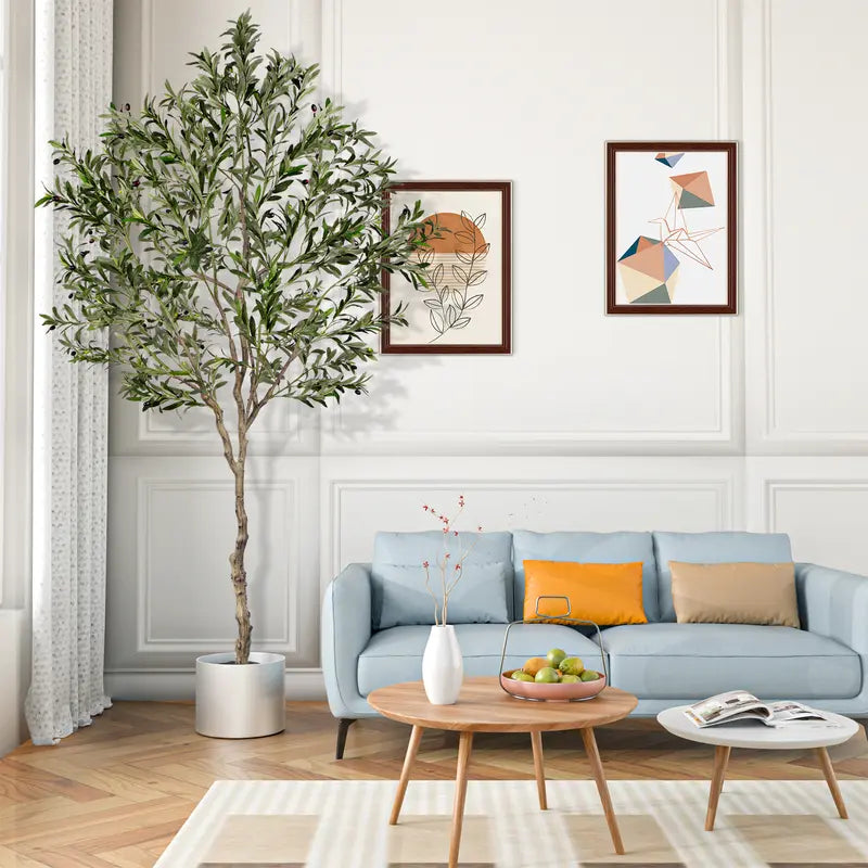 VITALISMO Fluffy 6-8ft Artificial Olive Tree - Fake Potted Tree with Branches, Leaves & Fruits, Artificial Plants for Bedroom Decor, Garage, Wardrobe (Home Decor Accessory)