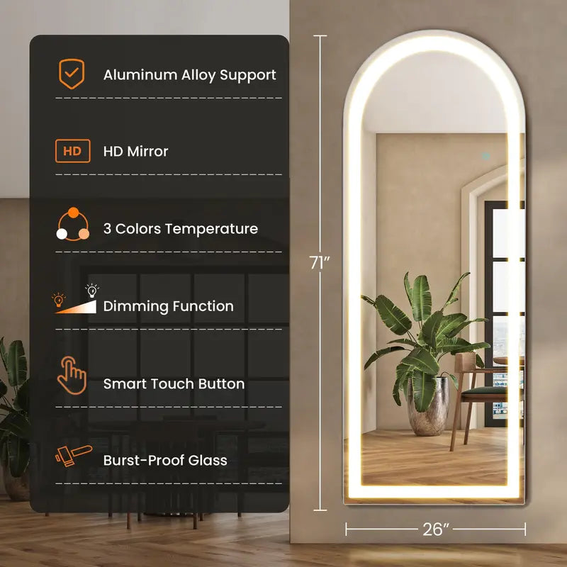 Floor Mirror Stand Mirror Full Length with LED Lights, Floor Mirror Dimming & 3 Color Lighting, Led Dimmable Mirror