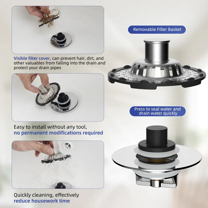 Hibbent 3-in-1 Chrome Brass Metal Bathroom Decor Sink Stopper (1 Pack) - Anti-Clogging Quick Drain with Tight Seal Washers, 4 Silicone Rings, Visible Top Hair Catcher, Detachable Filter Basket, Fits 1.53-2.4in Standard Holes, Low-Maintenance
