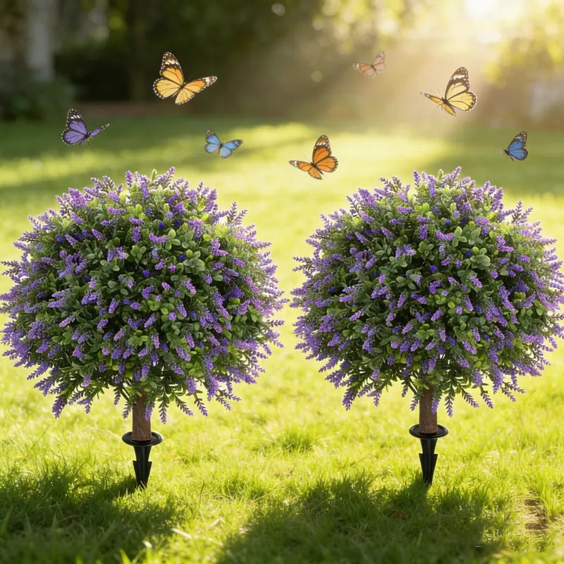 Artificial Boxwood Topiary Ball - 24in UV-Resistant Faux Shrub with Lavender Accent, High-Density PE Leaves, Wood-Effect Trunk, Ground Spike Base, Set of 2 for Porch, Entryway, Patio Decor