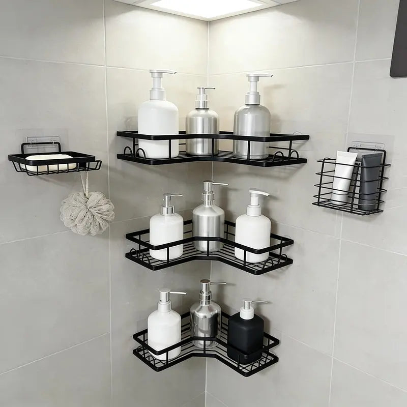 Black 5-Piece Heavy-Duty No-Drill Adhesive Shower Caddy Set - Rustproof Waterproof Eco-Friendly Wall Shelves with Toothbrush Soap Holder, Home Accessory, Shower Organizer for Clutter-Free Bathroom Storage