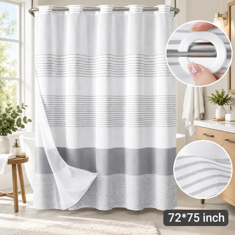 Grey Striped Geometric Double-Layer No Hook Shower Curtain, Mesh Top Window, Hook-Free Design, Easy Installation, Farmhouse, Hotel, Modern Home Decoration, 72x75in