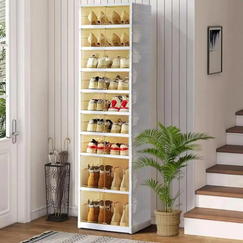 9-Tier Foldable Plastic Shoe Rack Organizer - Multilayer Display, Closet Organizer, Dust-Free Access, 18-Pair Capacity, Collapsible Stackable Magnetic Design, Fast 3-5 Min Setup, Compact Storage for Tiny Spaces (For Families/Individuals)